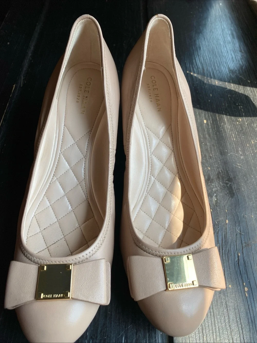 Cole Haan Nude Bow Ballet Flats with Gold Plaque